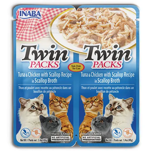 Лакомство пауч İnaba Twin Packs для кошек, с тунцем и курицей в бульоне из расчесок 2x40 г - фото 1