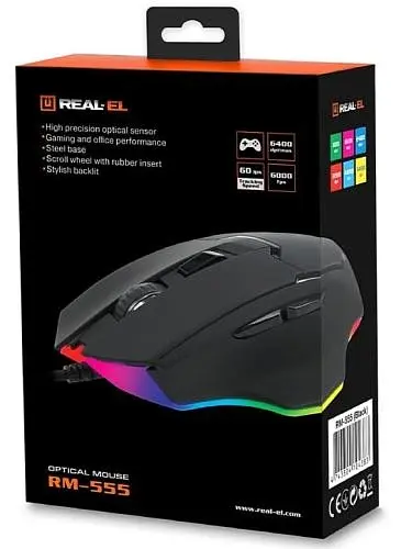 Миша REAL-EL RM-555, Black, USB, оптична, 800/1200/1600/2400 dpi, 6 кнопок, 1,8 м, вбудоване підсвічування (RM-555)