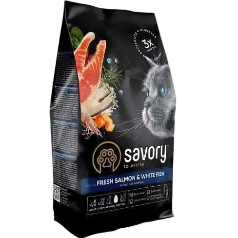 Сухой корм Savory для длинношерстных кошек со свежим лососем и белой рыбой 400 г - фото 1