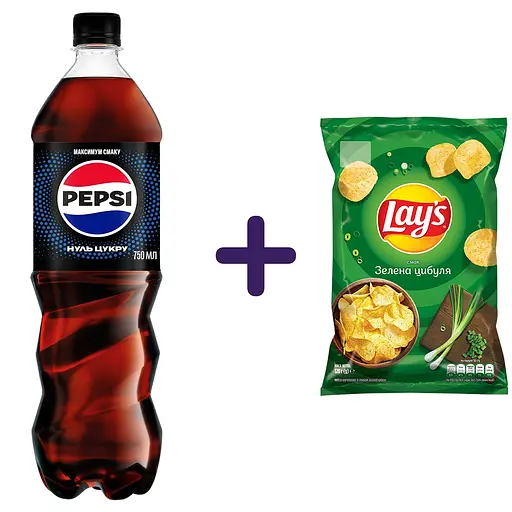 Набор: напиток Pepsi безалкогольный сильногазированный на ароматизаторах бескалорийный Пепси нуль сахара с подсластителем 0.75 л + чипсы Lay's со вкусом зеленого лука 120 г
