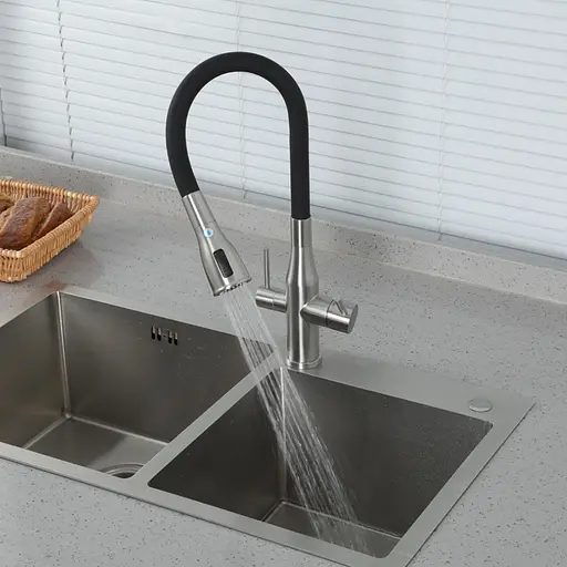 Смеситель для кухни на две воды Gappo G4399-65 гибкий излив нержавеющая сталь сатин Нержавеющая сталь - фото 2