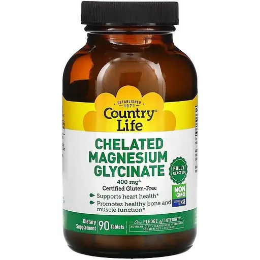 Гліцинат магнію Country Life Chelated Magnesium Glycinate 400 mg, 90 таблеток для підтримки серця та м'язів