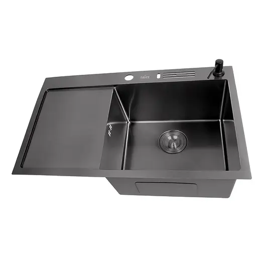 Кухонна мийка чорна з лівим крилом 1.5 мм нержавіюча сталь Nett NB-7848(L), Чорний - фото 2