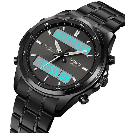 Часы мужские наручные Skmei 2049 на стальном браслете (Черные с белым табло) - фото 5