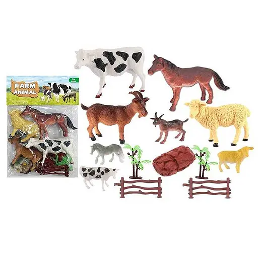 Набір фігурок Ферма, 8 свійських тварин, огорожа, дерева, камінь, 124-42E