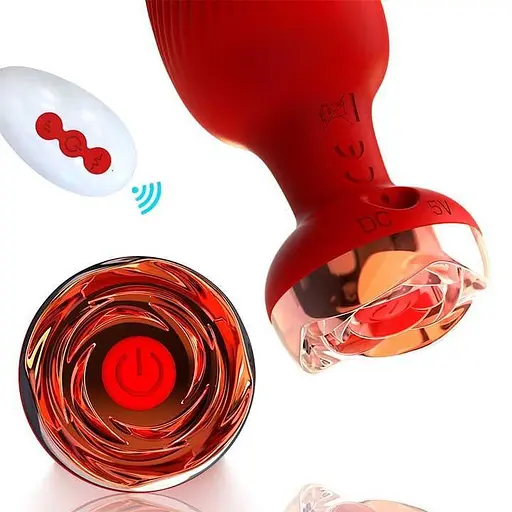 Анальная вибро-пробка Rose Butt на пульте с золотой розой 10 режимов 5 мм 90 мм красный - фото 7