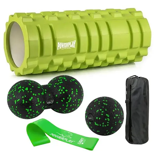 Набір для масажу та йоги PowerPlay PP_4096 (Ролик 33*14 + 2-ва мячі) Green + гумка 5.5 кг (PP_4096_Green) - фото 1