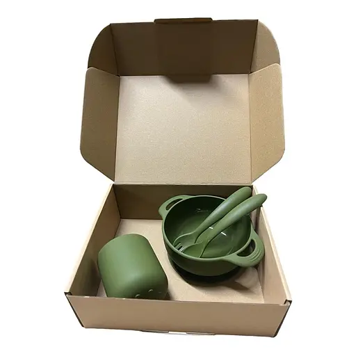 Набір силіконового посуду OldBro Olive силіконова тарілка на присосці, кухоль та прилади, 4 предмети - фото 2