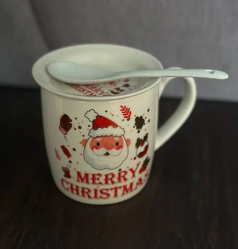 Чашка новогодняя Elisey 9150-005-1 Merry Christmas керамическая с ложкой и блюдцем 350 мл Белая - фото 2