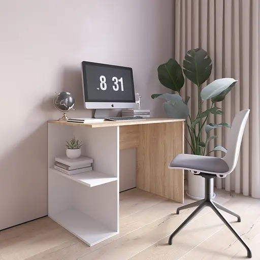 Комп’ютерний стіл Vays D-7 Дуб Сонома-Білий, письмовий, з полицями ліворуч, ЛДСП, 100×60×76 см - для дому, офісу, навчання