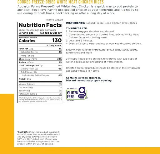 Сублімоване м'ясо курки шматочками з великим терміном придатності 30 років Augason Farms, 15 порцій (101103) - фото 4