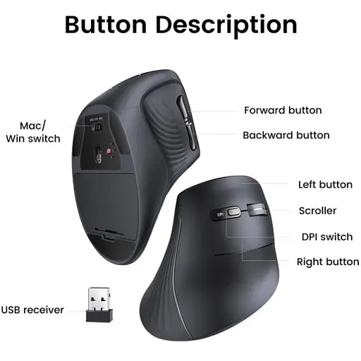 Мышка UGREEN 2.4GHz MU008, беспроводная, вертикальная 4000dpi., 4кн., Черная - фото 4