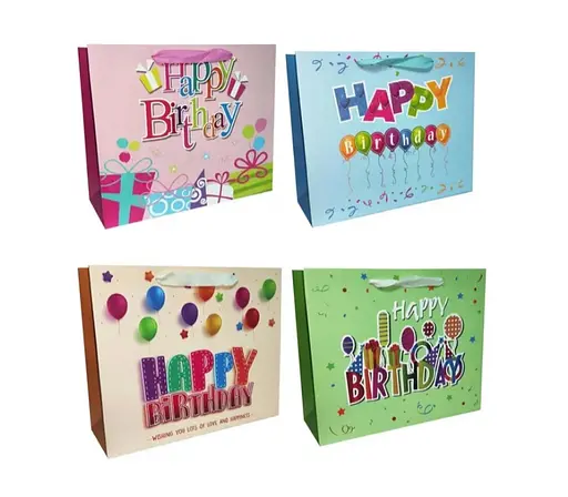 Подарочный пакет картонный, 200 г/м², День Рождения, 26x32x10 см, 6 шт. в упаковке (в ассортименте)