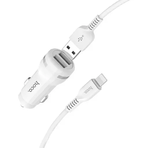 Автомобільний зарядний пристрій Hoco Z27 Staunch dual port in-car charger set with Lightning 2USB 2.4A Білий - фото 1