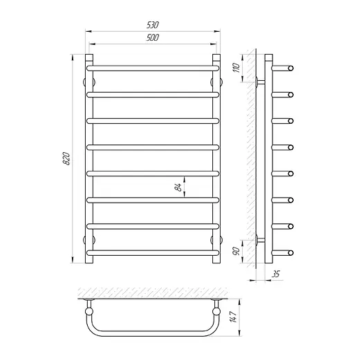 Водяна рушникосушка Laris Стандарт П8 500x800 71207063, Хром - фото 2