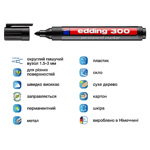 Маркер перманентный Edding Permanent конусообразный 1.5-3 мм черный (e-300/01) - фото 2
