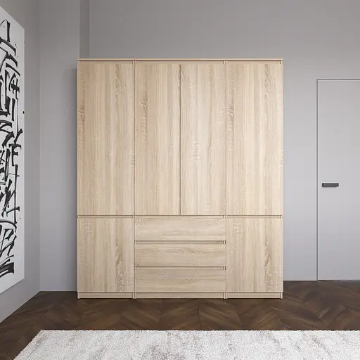 Шкаф со штангой и полками, комплект из 2 пеналов с полками и 1 шкаф со штангой с 3 шухлядами R9+R22-2 Дуб Сонома