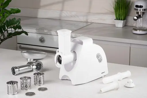 ARDESTO М'ясорубка, 1900Вт, 1.8кг/хв, 3 решітки, насадка для ковбас, кеббе, 4 терки, пластик, білий - фото 5
