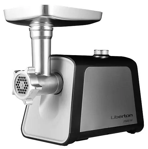 Мясорубка Liberton LMG-28TB01S, Steel/Black, 2800W, производительность 2кг/мин, 3 диска с отверстиями 3/5/7 мм, насадка соковыжималка для томатов, для колбасок, для кеббе, бургер-пресс, реверс, шнек и лоток металлические, защита от перегрева