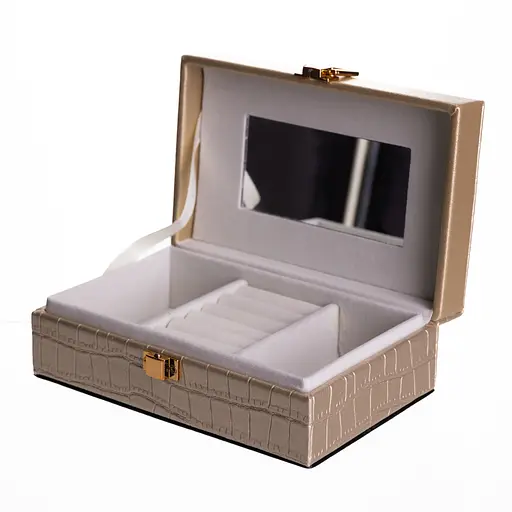 Скринька для прикрас з екошкіри 3 відділення з дзеркалом 16×10×6 см органайзер для прикрас Золотистий Yiwu HP-5-18GOLD - фото 1