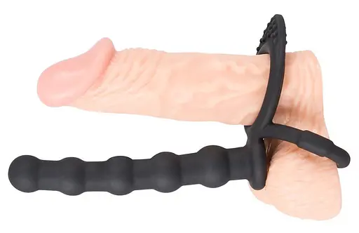 Анальна пробка з ерекційним кільцем Black Velvets Cock And Ball Ring 19 см (чорний) - фото 6