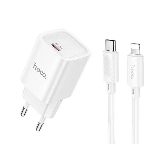 Мережевий зарядний пристрій з кабелем Hoco C148A Charm single port PD30W charger set (C to iP) (EU) білий - фото 1
