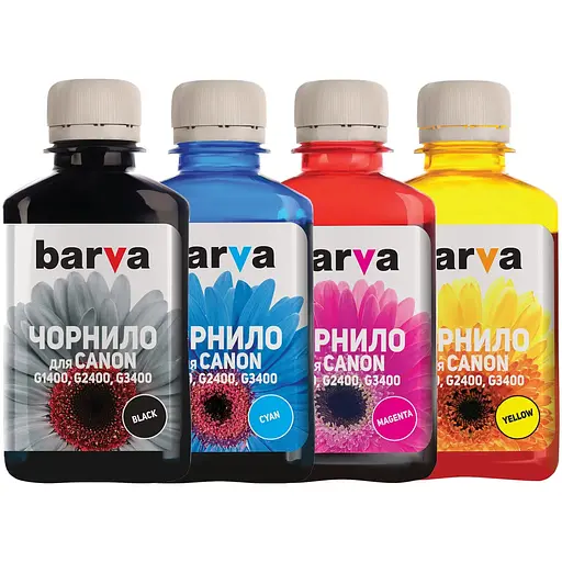 Комплект чорнил Barva Canon GI-490, для G1400/G2400/G3400, Black/Cyan/Magenta/Yellow, 4x180 мл (CG490-180-MP)