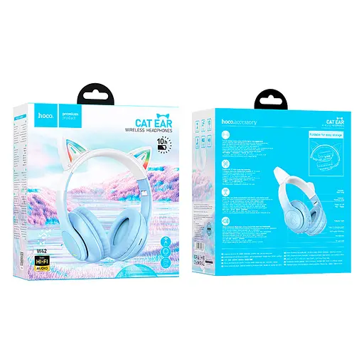 Бездротові повнорозмірні навушники Hoco W42 Cat Ear з підсвічуванням, BT5.3, AUX, TF, 400mAh, 10h, сині - фото 3