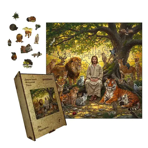 Дерев'яний фігурний пазл Ліс Просвіти, А4, Дерев'яна коробка 100 елементів