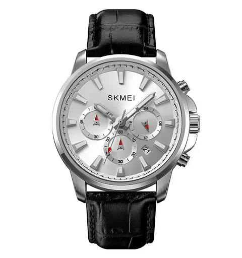 Чоловічий наручний годинник Skmei 2071 з ремінцем з еко-шкіри (Сріблястий)