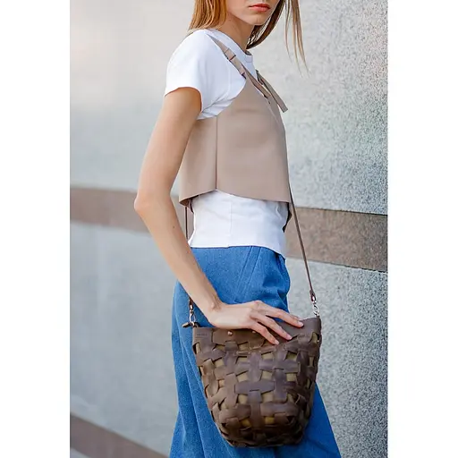 Шкіряна плетена жіноча сумка Пазл M темно-коричнева Crazy Horse - фото 7