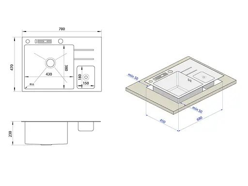 Кухонна мийка з нержавіючої сталі з вбудованим смітником Nett NSM-7047, Нержавіюча сталь - фото 9