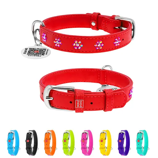 Нашийник для собак шкіряний Waudog Glamour з QR-паспортом з клейовими стразами "Квіти" Ш 20 мм Д 30-39 см - фото 2