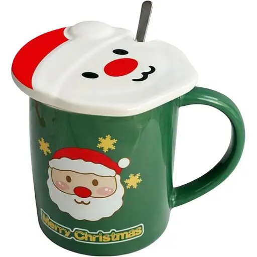 Новорічна чашка Olens 102-1059-2 Новорічна 2024 кераміка з кришкою та ложкою 380 мл Зелена - фото 1