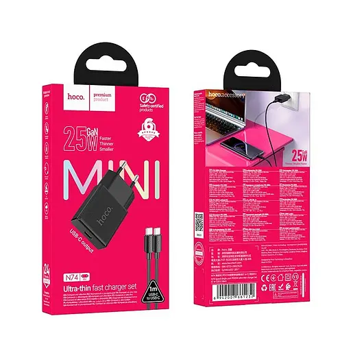 Адаптер сетевой HOCO C to C cable Speed ​​single-port PD ultra-thin charger set N74 |1Type-C, 25W/3A, PD/QC| - фото 2