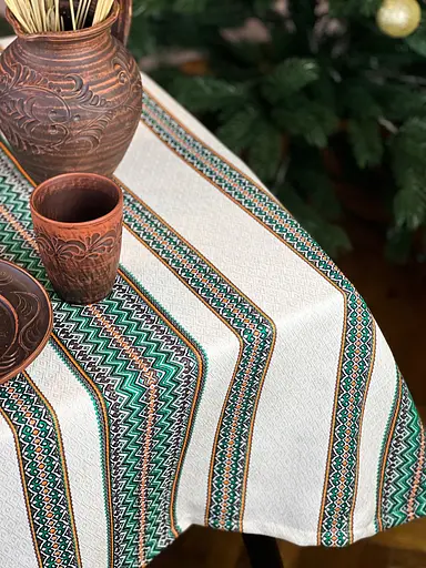 Лляна скатертина різдвяна з українським орнаментом "Рандеву зелений" - 330х150 см - фото 8