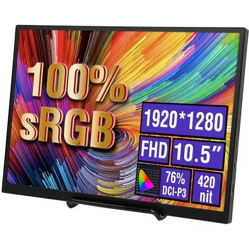 Монітор 10.5" Anmite A105W01 WLED, IPS, 1920x1080 (15:10), 3 мс, 60 Гц, 420 кд/м², 1000:1, 178°/178°, 2хType-C чорний - фото 1