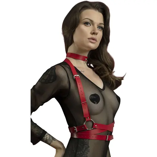 Портупея на тіло Feral Feelings - Harness, натуральна шкіра, колір червоний