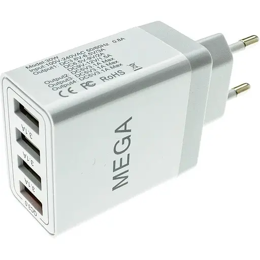 Адаптер зарядний блок живлення на 4 USB-порти Mega 30w зарядний