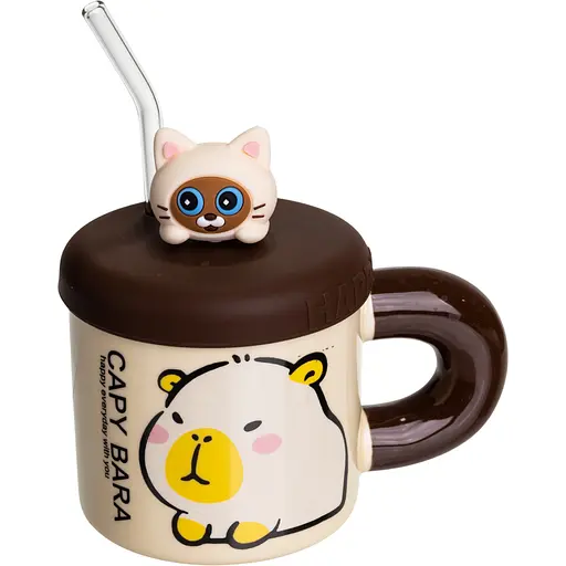 Чашка фарфоровая Капибара отдыхает 400 мл с крышкой и трубочкой FM-27A