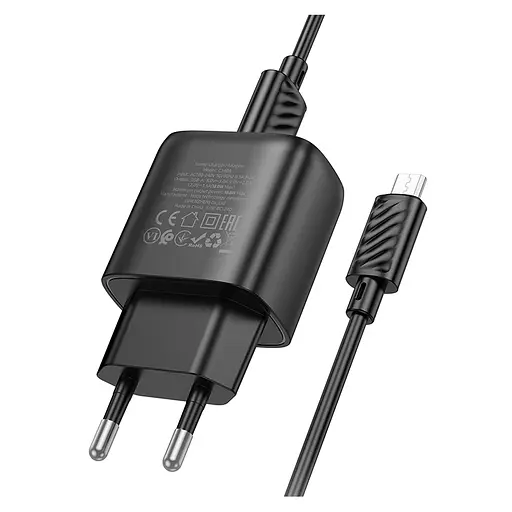 Мережевий зарядний пристрій з кабелем Hoco C140A Smart single port QC3. 0 charger set(Micro)(EU) чорний - фото 3