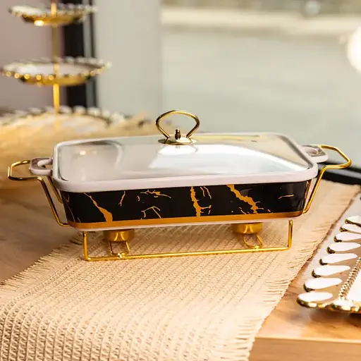 Мармитница фарфоровая Yiwu Black Marble 2 л 40х22.5х15.5 см мармит на подставке для первых блюд ML438-15 - фото 2