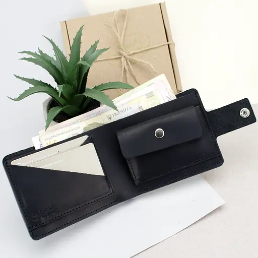 Кошелек мужской кожаный черный HC-0043-1 матовый с гербом Украины на кнопке - фото 2