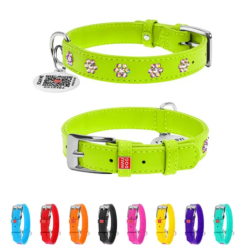Нашийник для собак шкіряний Waudog Glamour з QR-паспортом з клейовими стразами "Квіти" Ш 15 мм Д 27-36 см салатовий - фото 2