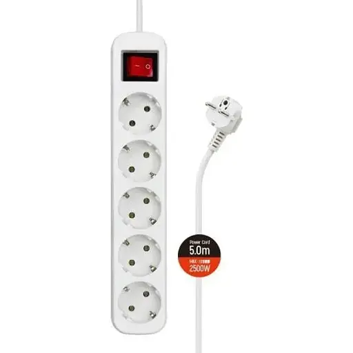 Фильтр сетевой ColorWay, 5 розеток, 5 м, белый, 10А, до 2.5 кВт, выключатель, заземление, 3x1 мм² (CW-PSEA55W) - фото 1