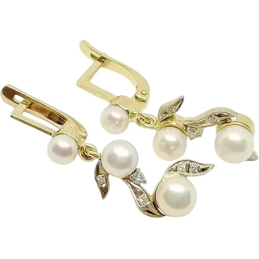 Золотые серьги Гелиос с бриллиантами и жемчугом. Артикул 203108