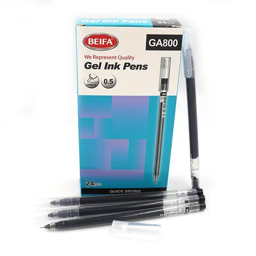 Ручка гелевая Beifa, 0.5 мм, быстро высыхает, черная, 24 шт.