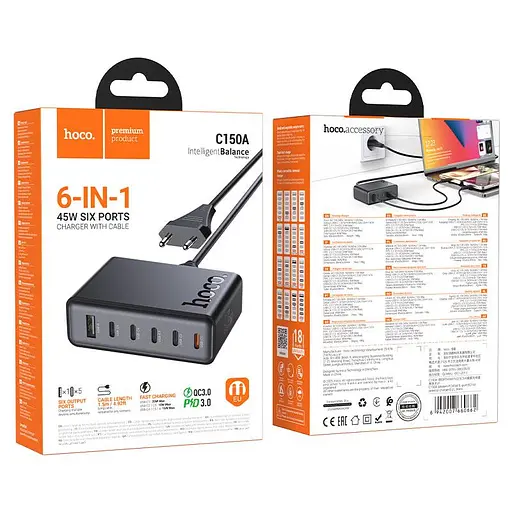 Сетевое зарядное устройство для Hoco C150A Modern PD45W 6-port(5C1A) desktop charger(EU) Черный - фото 2