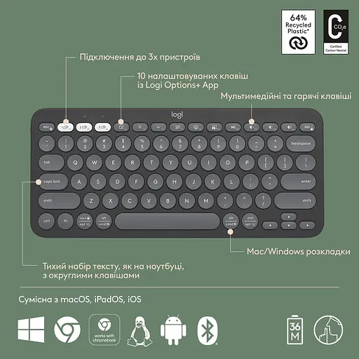 Клавіатура Logitech Pebble Keys 2 K380s Graphite (920-011851) - фото 7