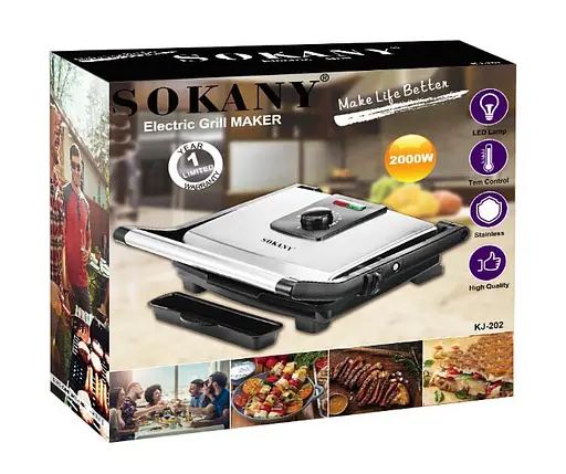 Контактный прижимной гриль Sokany KJ-202 с терморегулятором настольный 2000 Вт - фото 7